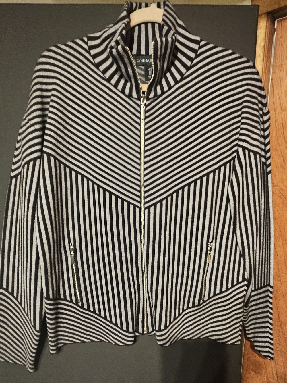 Cynthia Rowley Black and White Chevron-Stripe Zip Bomber Jacket